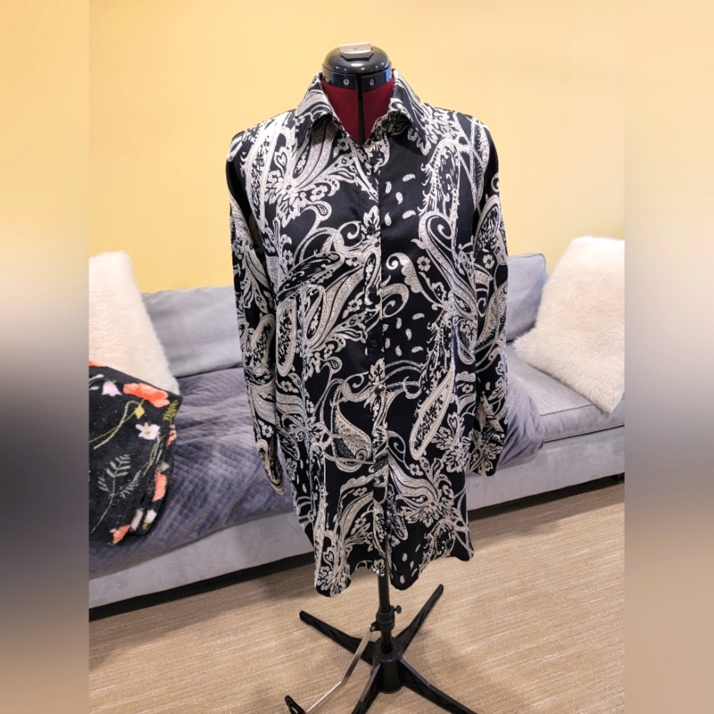 ACOA Black Paisley Button Down Shirt Tunic Length